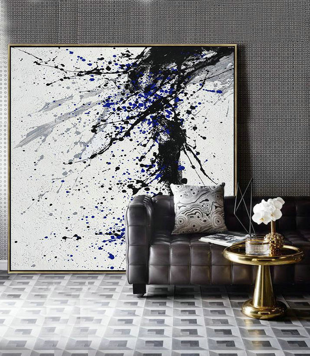 Abstract Painting Extra Large Canvas Art,Minimalist Drip Painting On Canvas, Black, White, Grey, Blue - Hand-Painted Contemporary Art